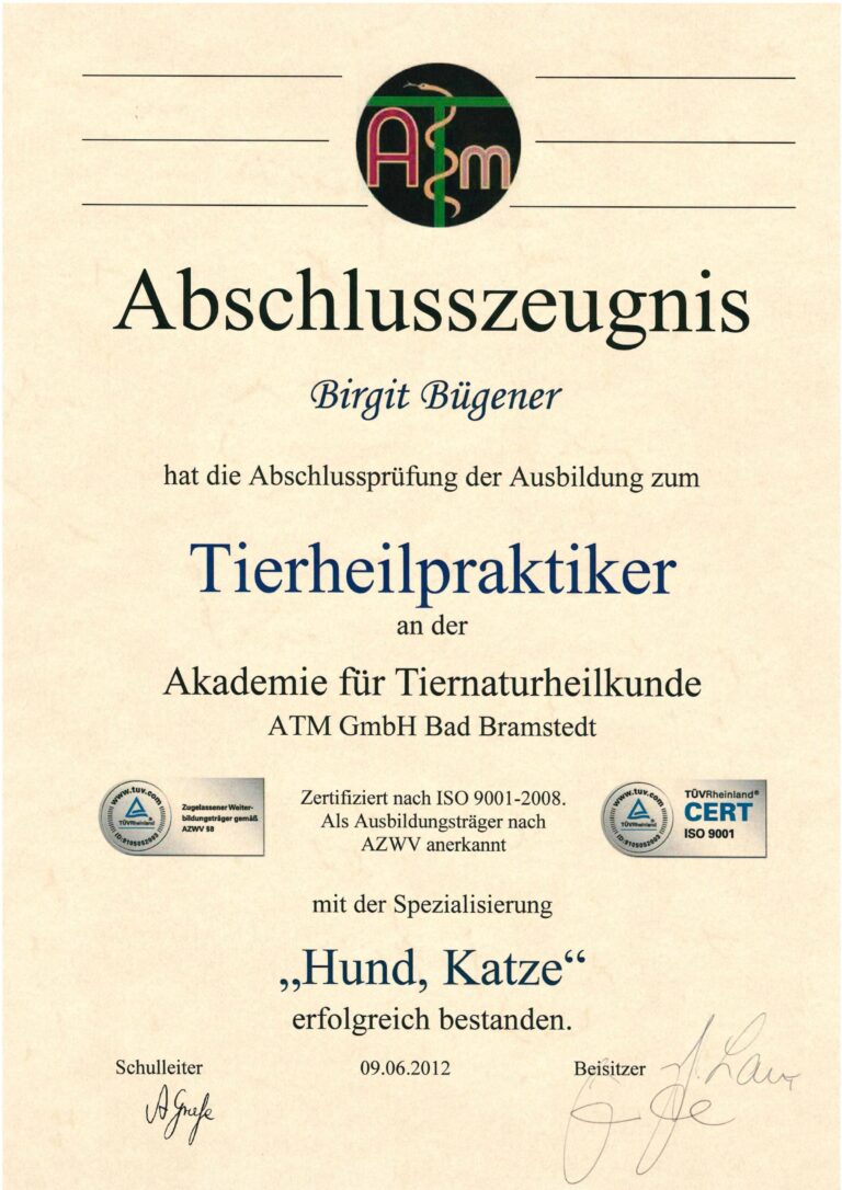 Birgit Bügener - Heilpraktikerin in Jena - _0001_Zeugnis ATM THP Hund Katze 2012